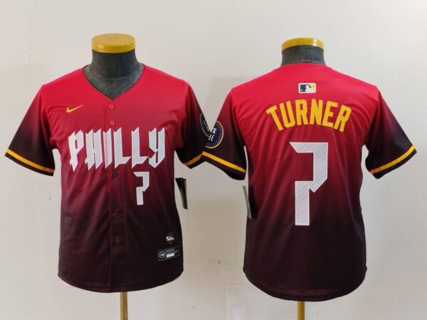 Youth Philadelphia Phillies #7 Trea Turner Red 2024 City Connect Limited Stitched Baseball Jerseys