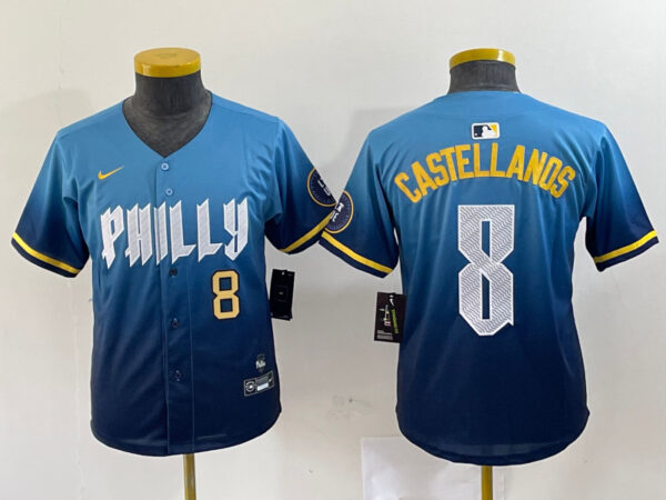 Youth Philadelphia Phillies #8 Nick Castellanos Blue 2024 City Connect Limited Stitched Jersey
