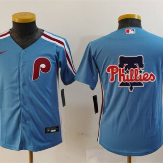 Youth Philadelphia Phillies Team Big Logo Blue Cool Base Stitched Baseball Jerseys