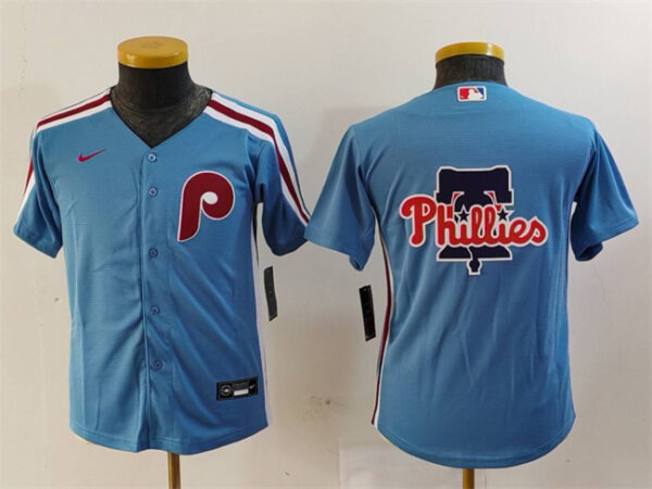 Youth Philadelphia Phillies Team Big Logo Blue Cool Base Stitched Baseball Jerseys