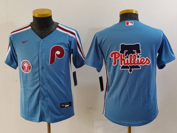 Youth Philadelphia Phillies Team Big Logo Blue Cool Base Stitched Baseball Jerseys