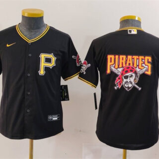 Youth Pittsburgh Pirates Team Big Logo Black Cool Base Stitched Baseball Jersey