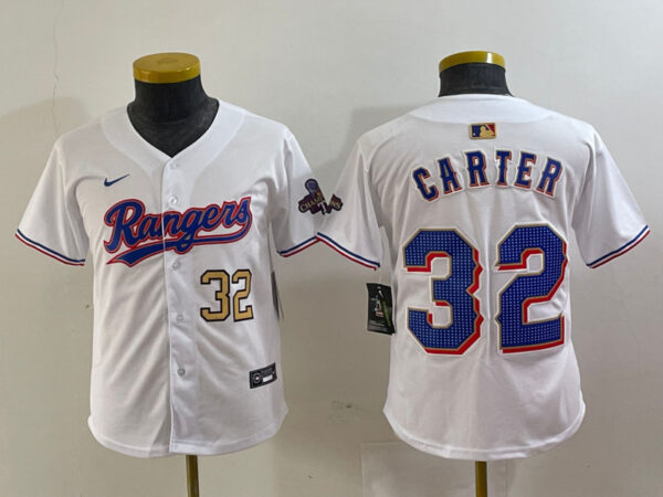 Youth Texas Rangers #32 Evan Carter White Gold Stitched Baseball Jersey(Run Small)