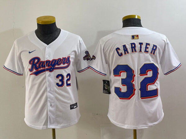 Youth Texas Rangers #32 Evan Carter White Gold Stitched Baseball Jersey(Run Small)