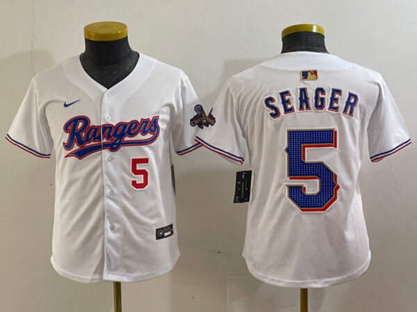 Youth Texas Rangers #5 Corey Seager White Gold Stitched Baseball Jersey(Run Small)