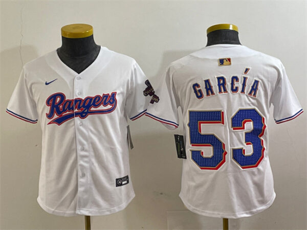 Youth Texas Rangers #53 Adolis Garcia White Gold Stitched Baseball Jersey