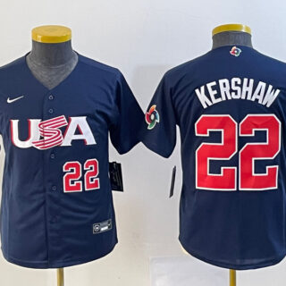 Youth USA Baseball #22 Clayton Kershaw 2023 Navy World Baseball Classic With Patch Stitched Jersey