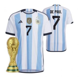 Women's Rodrigo De Paul Argentina National Team White Home 3 Stars 2022 World Cup Champions Jersey