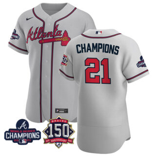 Men's Atlanta Braves Champions 2021 World Series Champions Stitched Jersey Flex Base Gray