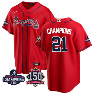 Youth Atlanta Braves Champions 2021 World Series Champions Stitched Jersey Cool Base Red
