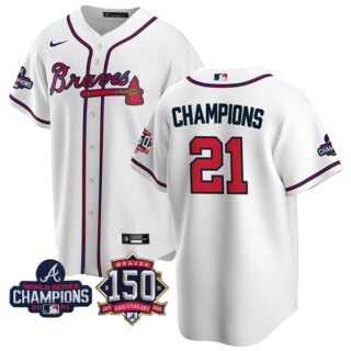 Youth Atlanta Braves Champions 2021 World Series Champions Stitched Jersey Cool Base White Home