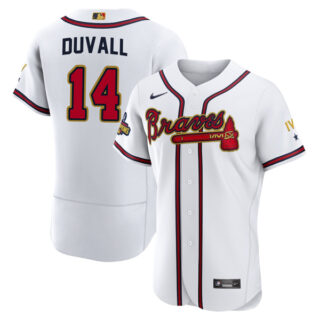 Men's Cool Base Atlanta Braves Adam Duvall 2022 Gold Program White Stitched Jersey
