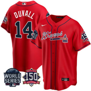 Men's Atlanta Braves Adam Duvall Los Bravos 2021 World Series Stitched Jersey - Red