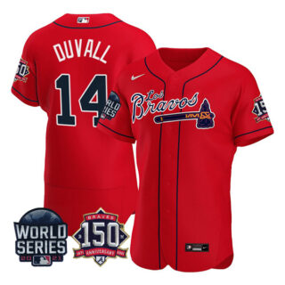 Men's Atlanta Braves Adam Duvall Los Bravos 2021 World Series Stitched Jersey - Red