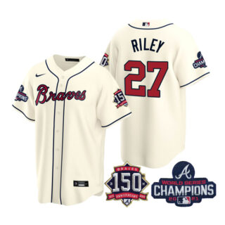 Youth Atlanta Braves Austin Riley 2021 World Series Champions Stitched Jersey Cool Base Cream
