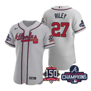 Men's Atlanta Braves Austin Riley 2021 World Series Champions Stitched Jersey Flex Base Gray