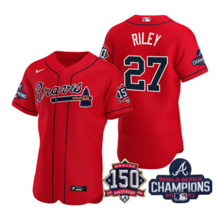 Men's Atlanta Braves Austin Riley 2021 World Series Champions Stitched Jersey Flex Base Red