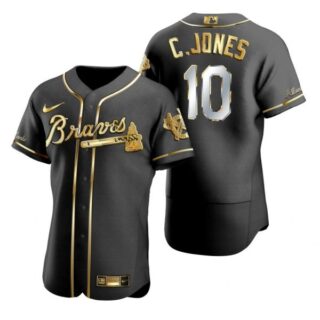 Men's #10 Chipper Jones Atlanta Braves Flex Base Jersey Black Golden