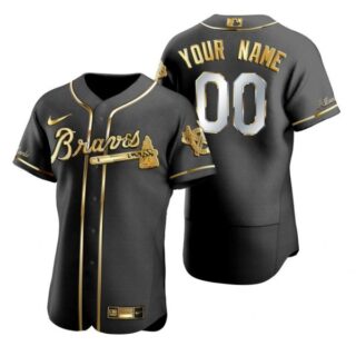 Men's Custom Atlanta Braves Flex Base Jersey Black Golden