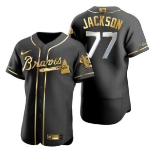Men's #77 Luke Jackson Atlanta Braves Flex Base Jersey Black Golden