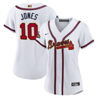 Women's Atlanta Braves Chipper Jones 2022 Gold Program White Stitched Jersey