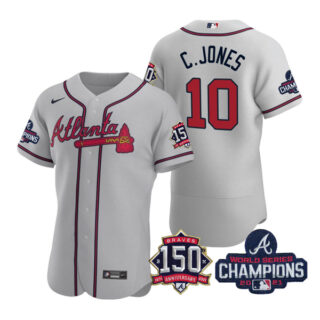 Men's Atlanta Braves Chipper Jones 2021 World Series Champions Stitched Jersey Flex Base Gray