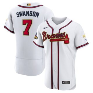 Men's Flex Base Atlanta Braves Dansby Swanson 2022 Gold Program White Stitched Jersey