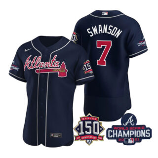 Men's Atlanta Braves Dansby Swanson 2021 World Series Champions Stitched Jersey Flex Base Navy