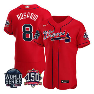 Men's Atlanta Braves Eddie Rosario Los Bravos 2021 World Series Stitched Jersey - Red