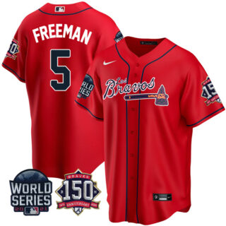Men's Atlanta Braves Freddie Freeman Los Bravos 2021 World Series Stitched Jersey - Red
