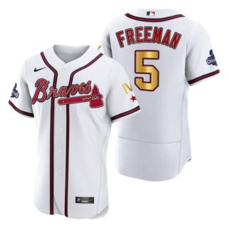 Men's Atlanta Braves Freddie Freeman 2022 White Gold Program 4-Time World Series Champions Jersey