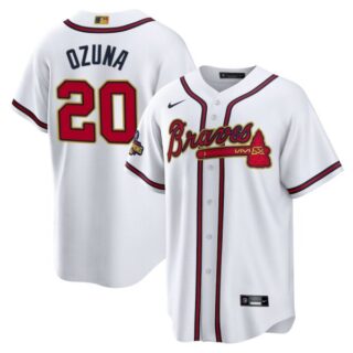 Men's Cool Base Atlanta Braves Marcell Ozuna 2022 Gold Program White Stitched Jersey