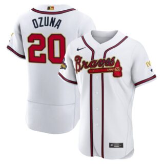 Men's Flex Base Atlanta Braves Marcell Ozuna 2022 Gold Program White Stitched Jersey