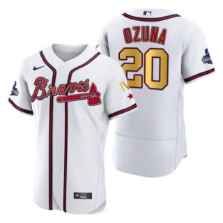 Men's Atlanta Braves Marcell Ozuna 2022 White Gold Program 4-Time World Series Champions Jersey