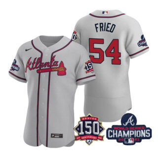 Men's Atlanta Braves Max Fried 2021 World Series Champions Stitched Jersey Flex Base Gray