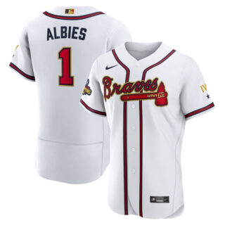 Men's Cool Base Atlanta Braves Ozzie Albies 2022 Gold Program White Stitched Jersey