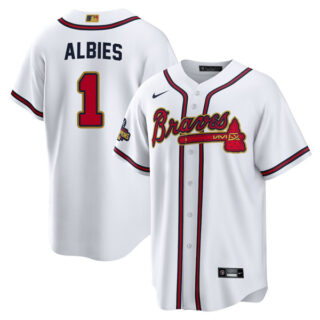 Men's Flex Base Atlanta Braves Ozzie Albies 2022 Gold Program White Stitched Jersey