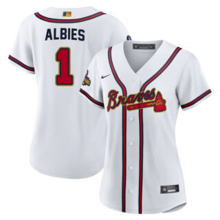 Women's Atlanta Braves Ozzie Albies 2022 Gold Program White Stitched Jersey