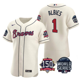 Men's Atlanta Braves Ozzie Albies 2021 World Series Stitched Jersey Flex Base Cream