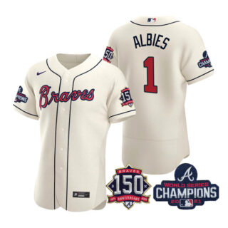 Men's Atlanta Braves Ozzie Albies 2021 World Series Champions Stitched Jersey Flex Base Cream