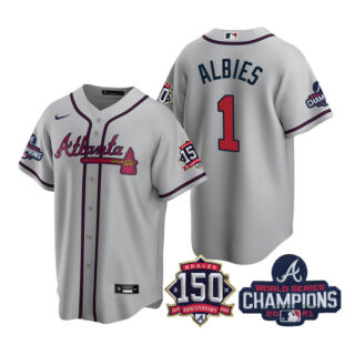 Youth Atlanta Braves Ozzie Albies 2021 World Series Champions Stitched Jersey Cool Base Gray