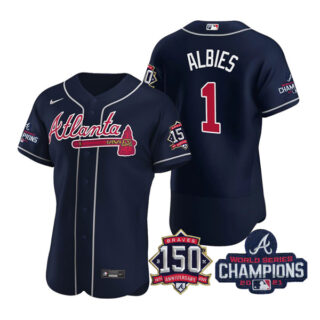 Men's Atlanta Braves Ozzie Albies 2021 World Series Champions Stitched Jersey Flex Base Navy