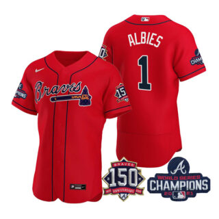 Men's Atlanta Braves Ozzie Albies 2021 World Series Champions Stitched Jersey Flex Base Red