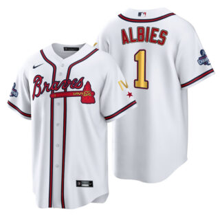 Men's Atlanta Braves Ozzie Albies 2022 White Gold Program 4-Time World Series Champions Jersey
