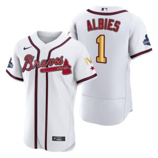 Men's Atlanta Braves Ozzie Albies 2022 White Gold Program 4-Time World Series Champions Jersey