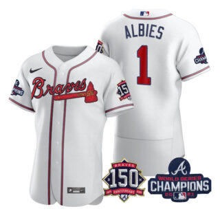 Men's Atlanta Braves Ozzie Albies 2021 World Series Champions Stitched Jersey Flex Base White Home
