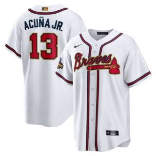 Men's Cool Base Atlanta Braves Ronald Acuna Jr. 2022 Gold Program White Stitched Jersey