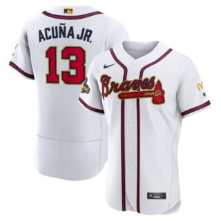 Men's Flex Base Atlanta Braves Ronald Acuna Jr. 2022 Gold Program White Stitched Jersey