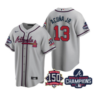 Youth Atlanta Braves Ronald Acuna Jr. 2021 World Series Champions Stitched Jersey Cool Base Gray