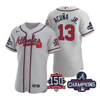 Men's Atlanta Braves Ronald Acuna Jr. 2021 World Series Champions Stitched Jersey Flex Base Gray